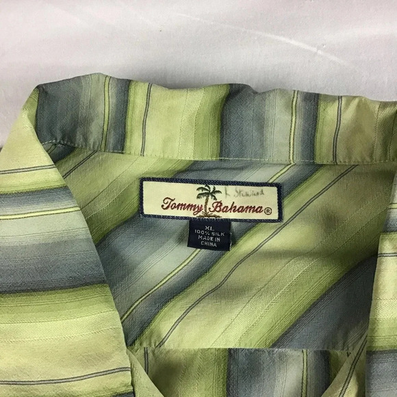 Tommy Bahama Hawaiian 100% Silk Green Strips Botton Down Shirt - Picture 3 of 4
